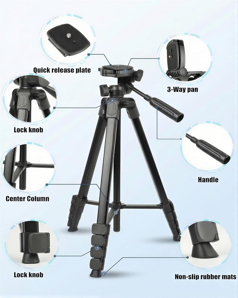 VulcanForge 17"-67" Black Aluminum Tripod for Laser Level, 1.5lb Lightweight, Enhanced 3D Pan Tilt with Bubble Level, Quick Release Plate, Non-Slip Rubber Base - Image 2